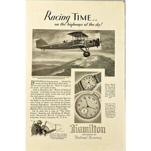 Hamilton The Watch of Railroad Accuracy "Racing Time in the Sky!" Print Ad 1929